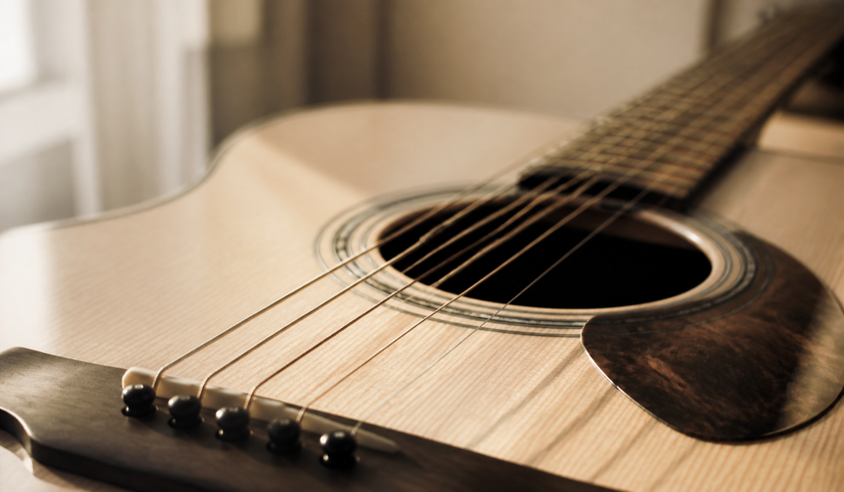 Dettaglio di una chitarra in una luce editoriale calda