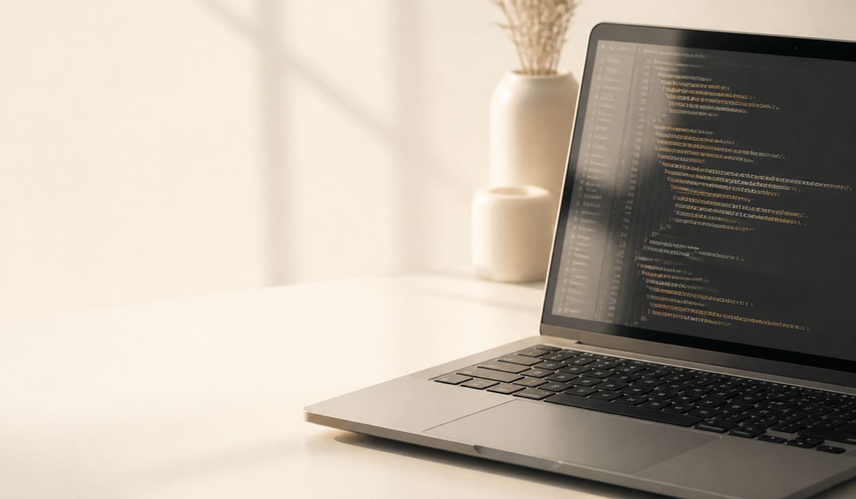 Laptop con codice in un ambiente editoriale luminoso